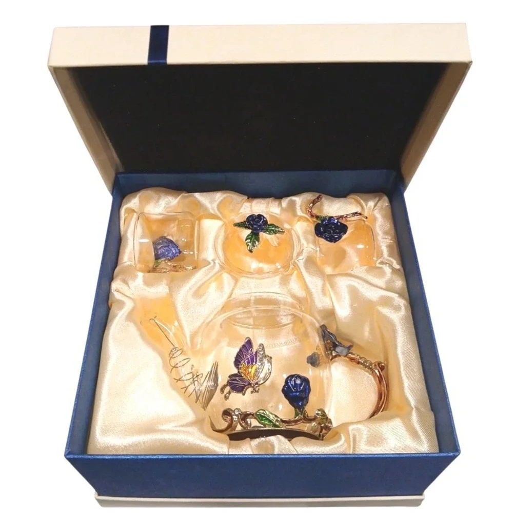 Tea Set Brew To A Tea Blue‎ Rose Butterfly Enamel Glass 3pc Set